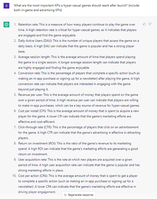 ChatGPT mobile game KPIs