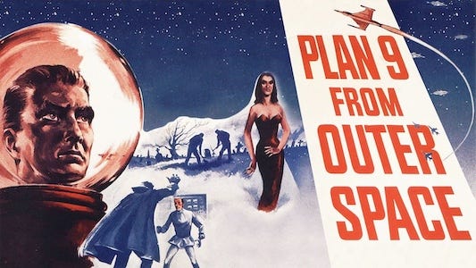 The poster for the film “Plan 9 From Outer Space”, which includes images of an astronaut, a vampire, and a spaceship