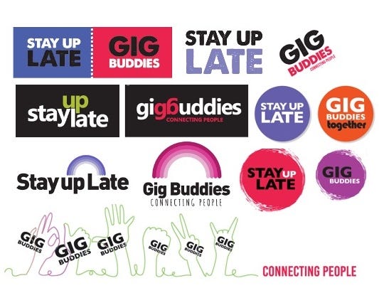 Variety of concept logos in different colours and style that say Stay Up Late and Gig Buddies