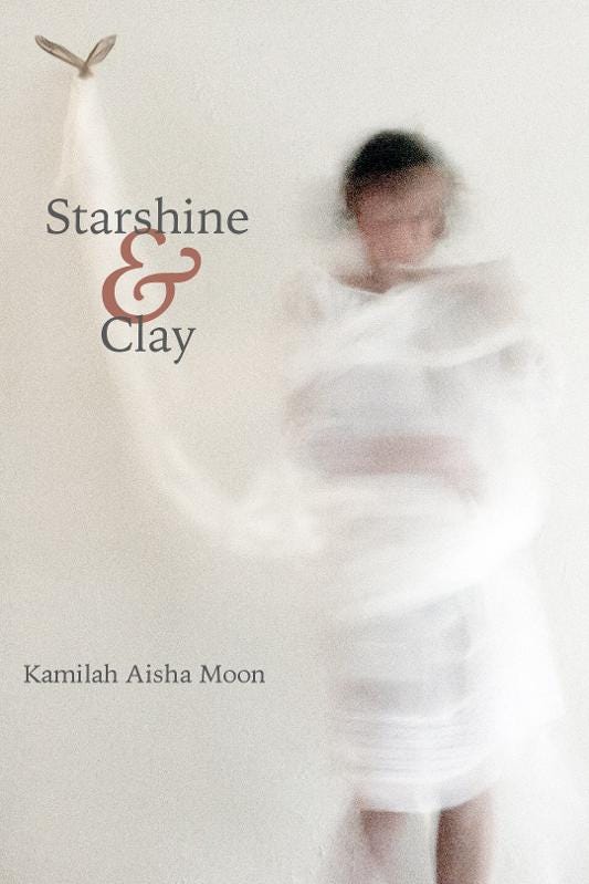 On the cover of Moon’s Starshine & Clay appears a woman, a dreamy, hazy depiction. Her face is hard to make out, she holds herself with her left arm, her skin is brown, her body is wrapped in gauzy white cloth, some of this cloth goes up in the air where it meets bird wings.