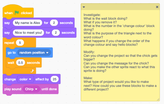 An example of the PRIMM methodology applied in a Scratch project.