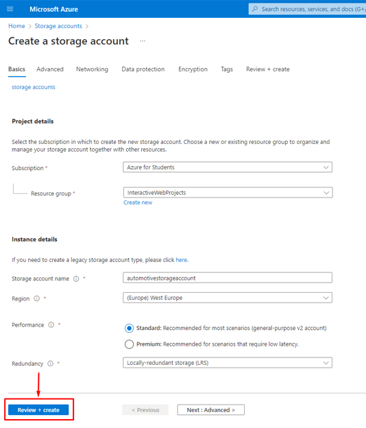 Azure Portal — Storage Account Review + Create