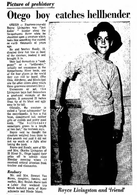 A picture of a boy with text in a newspaper clipping about him catching a hellbender