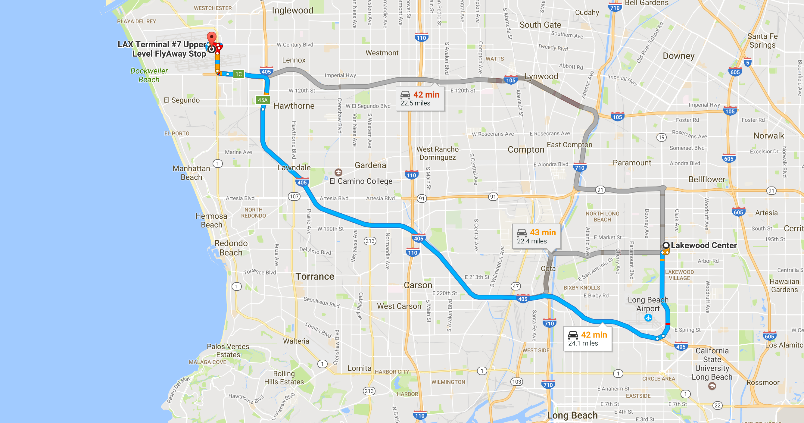 Google Maps, From Lakewood Center Lakewood LA to LAX Terminal 7 departures