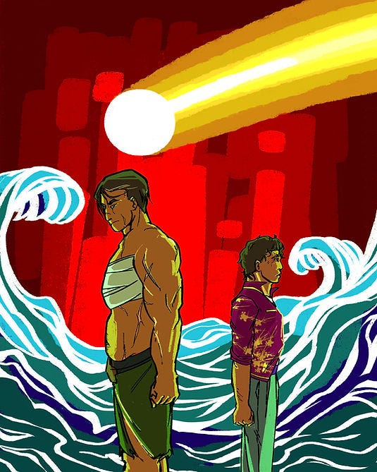 A tall, muscular woman stands back to back with short and slight Baru amidst the waves.