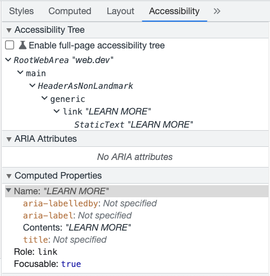 Accessibility Tree disponível no Chrome DevTools