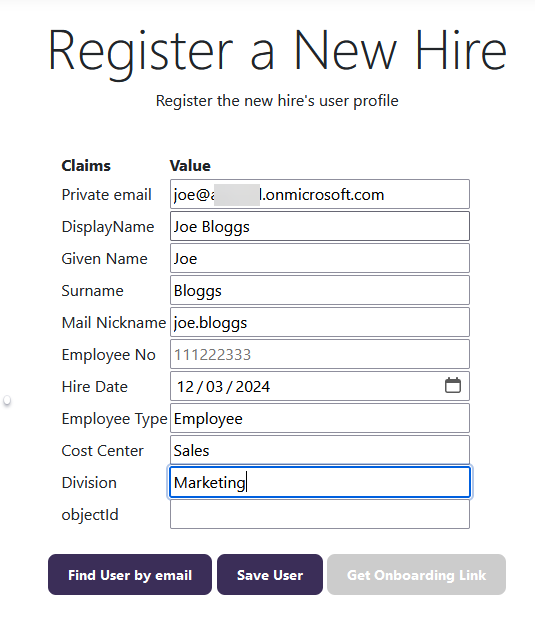 Image showing register a new hire page