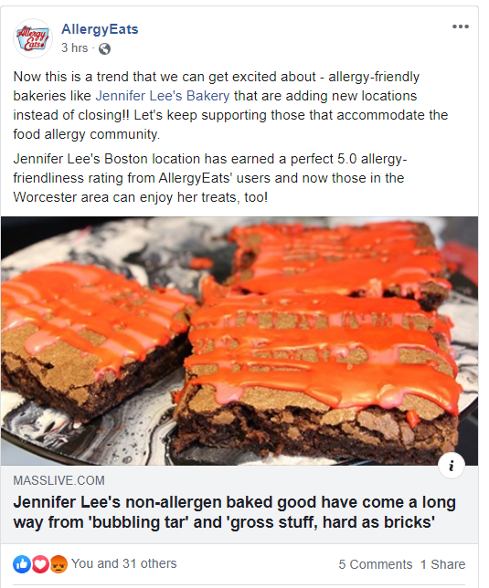 AllergyEats republishes a MassLive article about an allergy friendly bakery. Both presentations mislead a reasonable reader.
