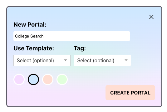 Entry box to enter portal name, select a template to use out of drop down, select tag out of drop-down, and lastly choose color. Complete process by creating portal or closing out modal.