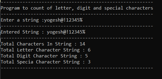 Count Total Letters, Digits And Special Characters From String In C#