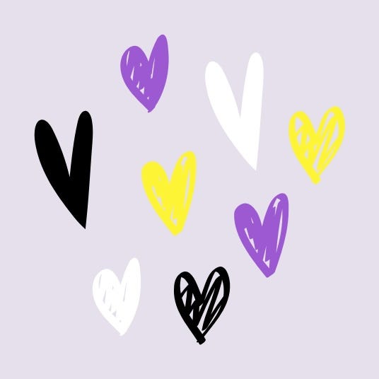 Eighth hand-drawn hearts in yellow, white, purple, and black, which now scale the whole image’s area.