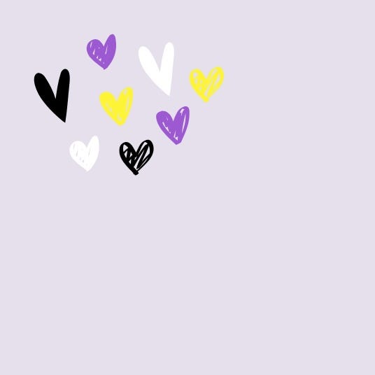 Eighth hand-drawn hearts in yellow, white, purple, and black, that take only the top left quarter of the image.