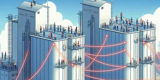 Stylized grain silos covered in standing people are connected with red threads. Blue skies and clouds. AI generated illustration.