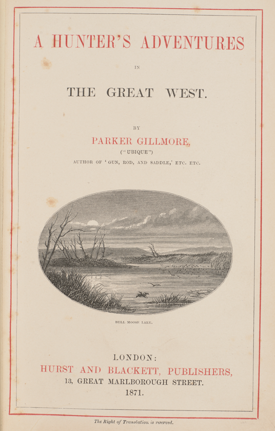 Title page for a book which includes an oval engraving of a wilderness with a lake trees and birds