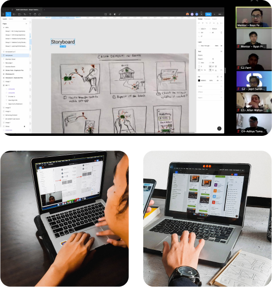Kumpulan foto orang-orang sedang melatih desain melalui Zoom meeting dan aplikasi desain di komputer masing-masing