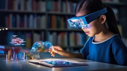 A young girl wearing virtual glasses, focused on a tablet screen.