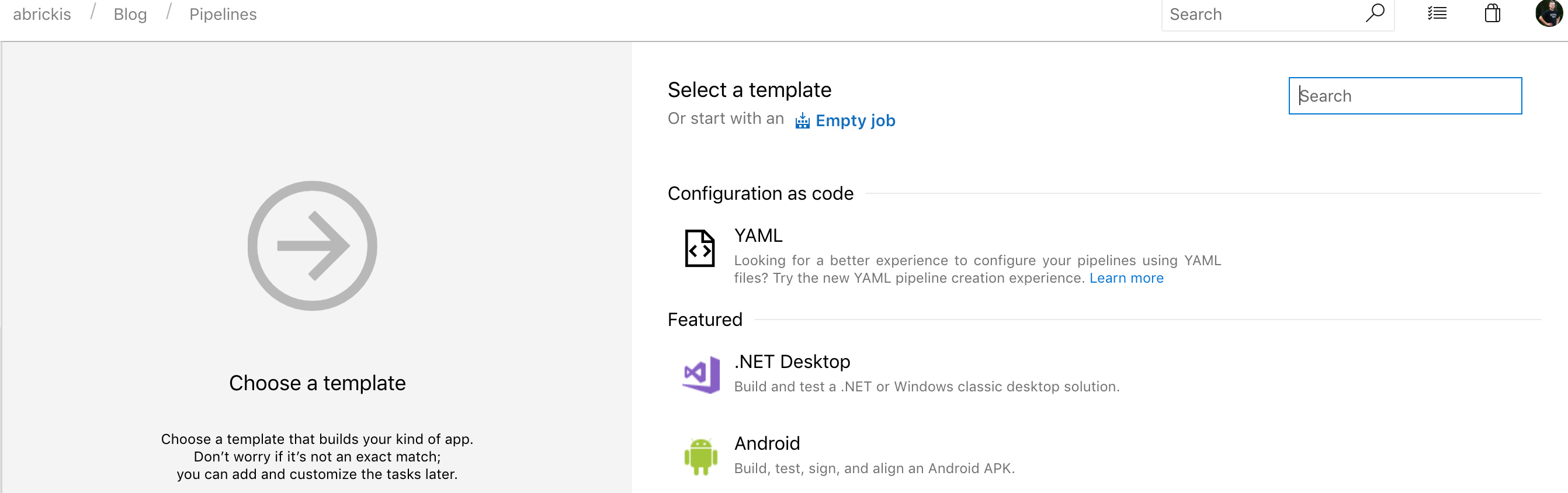 Creating new empty build pipeline