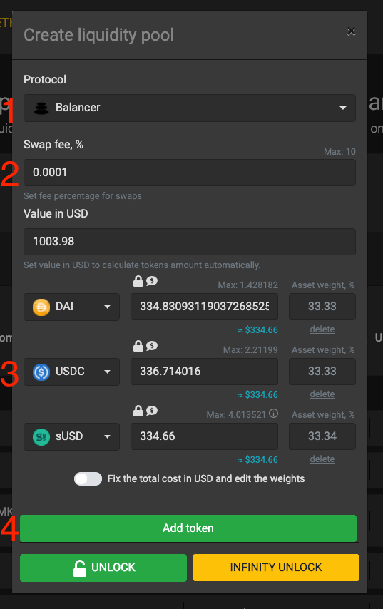 Tutorial: How to create an automated liquidity pool with 1inch.exchange and Balancer in one transaction?