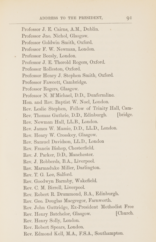 Long list of names of eminent men, a mixture of academic and religious leaders, their home town/city is also listed