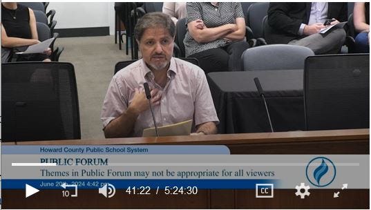 Ramsey Hanhan addressing the Howard County Board of Education (Screen capture by the author), 6/20/2024