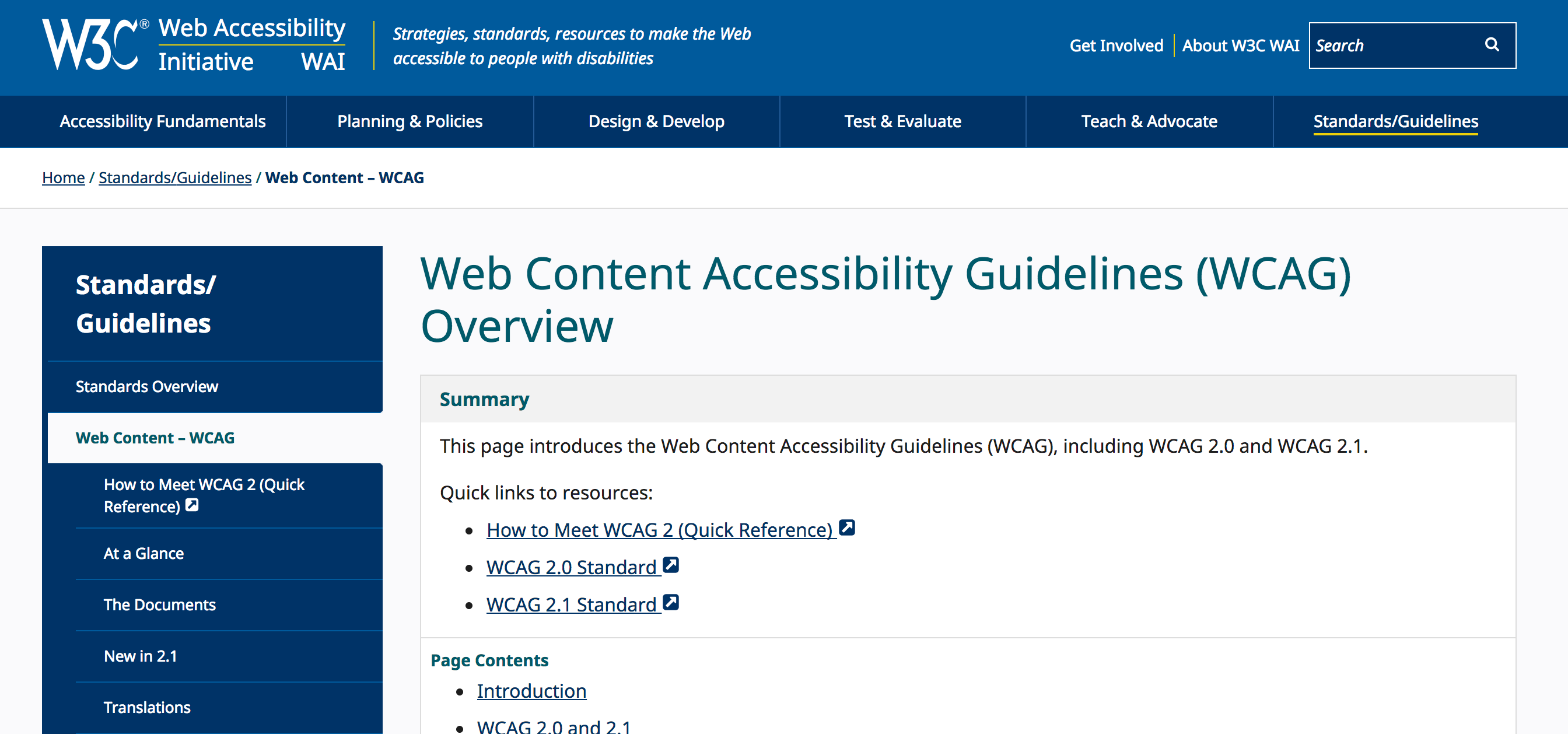 The homepage for the Web Content Accessibility Guidelines Overview
