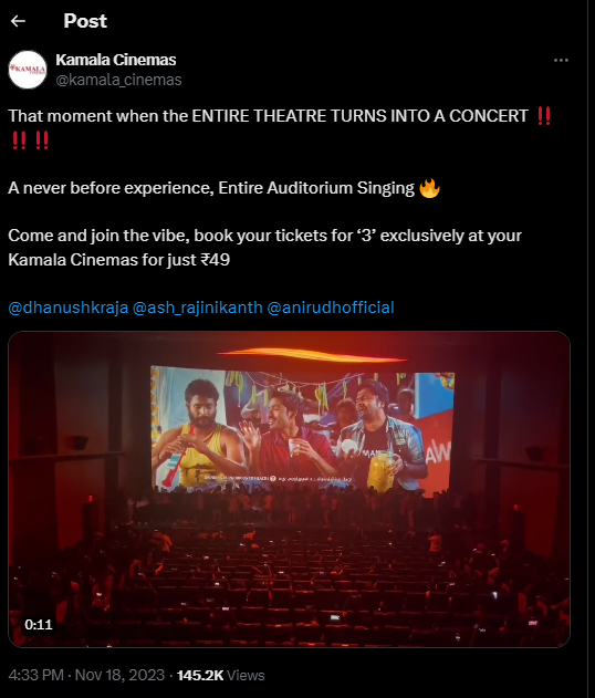 The Tweet shared by Kamala Cinemas on their re-release of Moonu (3). Source- X