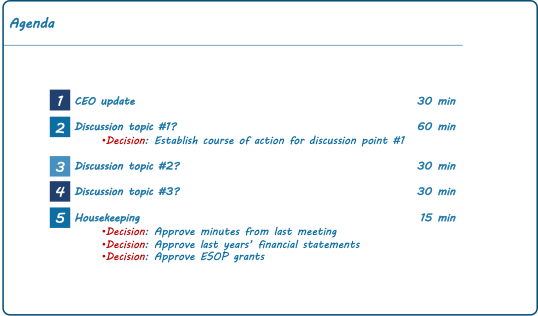 Illustrative agenda slide of a startup board meeting deck including 5 topics: 1) CEO update; 2) Discussion topic #1; 3) Discussion topic #2; 4) Discussion topic #3; and 5) Housekeeping (including 3 decisions: approve minutes from last meeting; approve last year’s financial statements; approve ESOP grants)