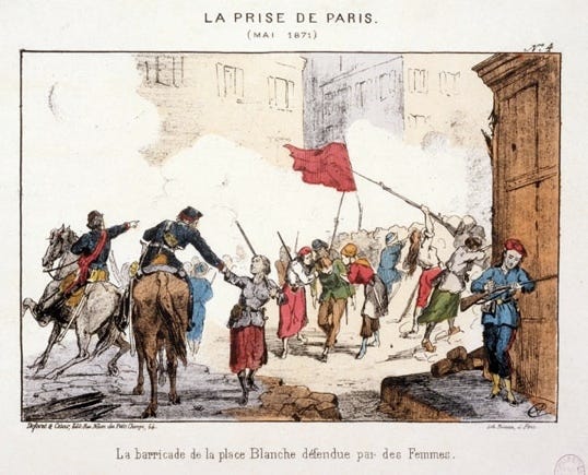 A contemporary print showing armed women on foot, waving a red flag, and firing their weapons in the Parisian streets.