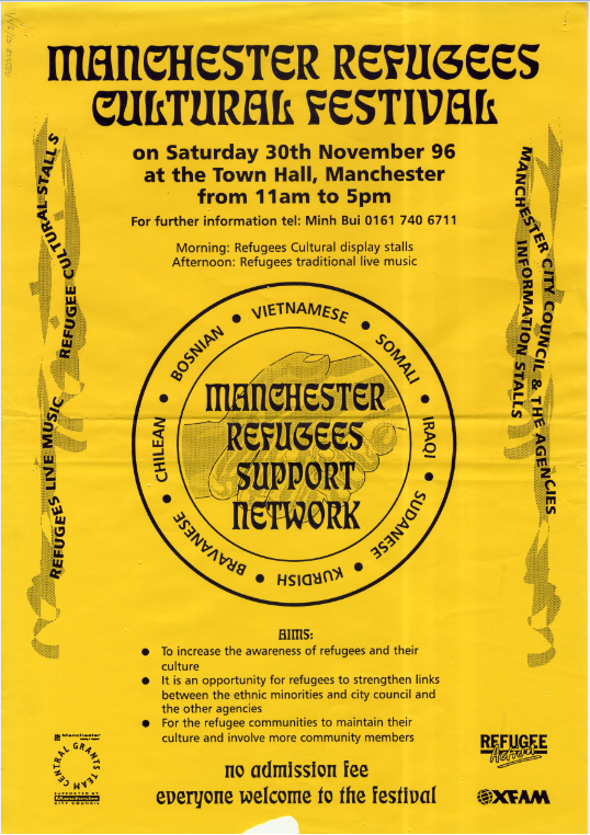Yellow flyer with black text produced by Manchester Refugee Support Network, promoting the Manchester Refugee Cultural Festival.