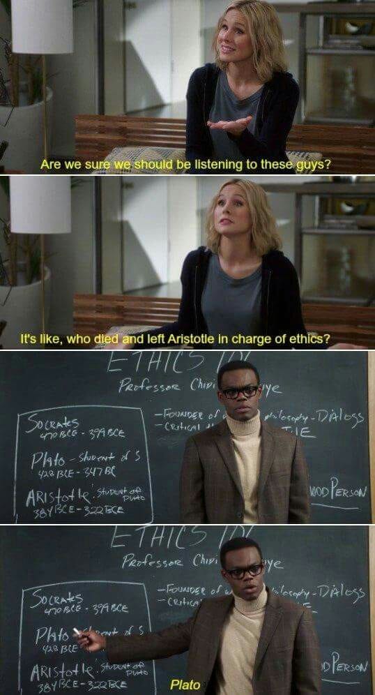 Chidi giving ethics lessons to Eleanor