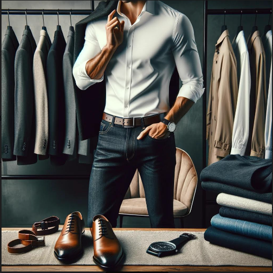 A male model wearing a white dress shirt, denim jeans, and leather shoes, holding a trench coat, with a minimalist watch. Background includes a suit, sweater, and chinos.