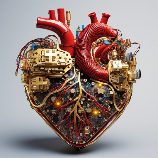 Could we one day imagine an Artificial Feeling device? Depiction of a heart made out of electronic circuitry and chips as imagined by Midjourney’s AI