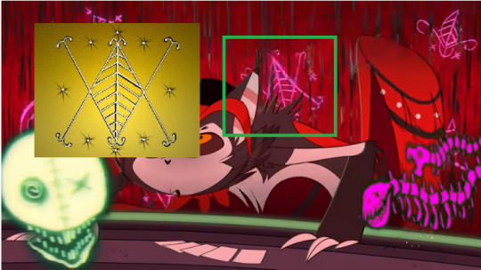 Ayizan Voudou Veve of Denise Alvarado compared to a veve in the screenshot of Hazbin Hotel pilot episode.