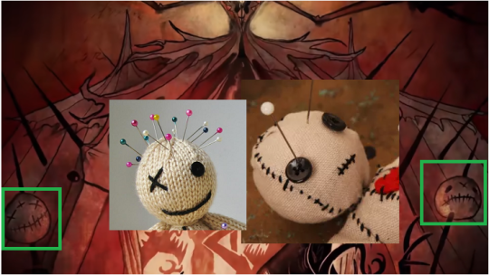 Hazbin Hotel Pilot Episode screenshot with heads on pikes and giant needle thorns being compared to images of poppet voodoo d