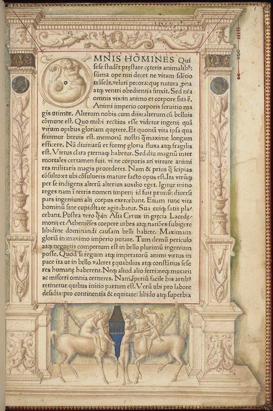 A page of text from Opera with an inhabited initial and inhabited borders.