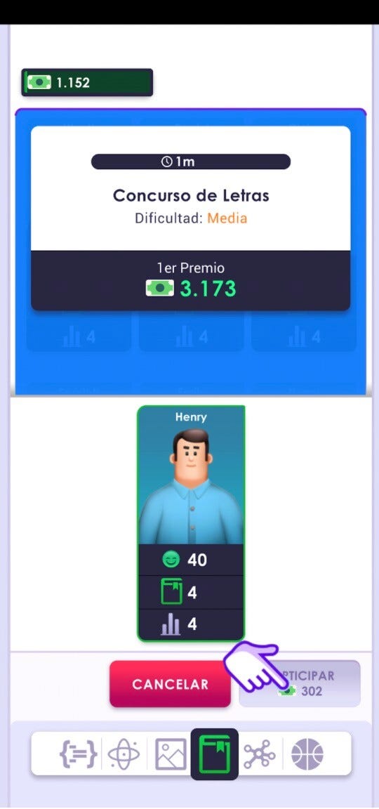 Image of mobile screen with a man called Henry. At top the value of money and at bottom the button for participate.