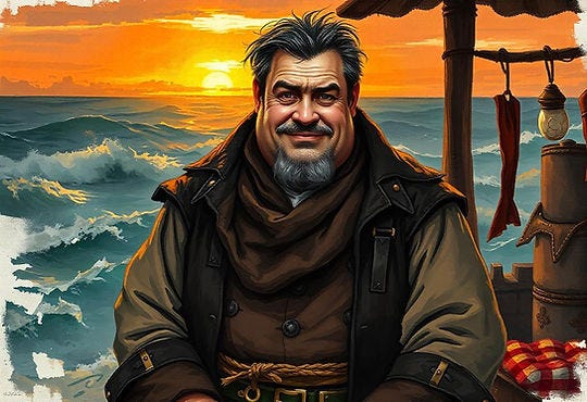 A slightly overweight, light-brown skinned man smiles warmly but with cunning toward the viewer. Behind him the sun sets over the waves.