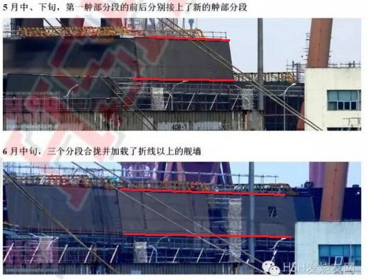 Two pictures of additional suspected 055 hull modules, with red lines indicating the decks above the freeboard deck. The height of those deck levels rare consistent in height with two deck levels