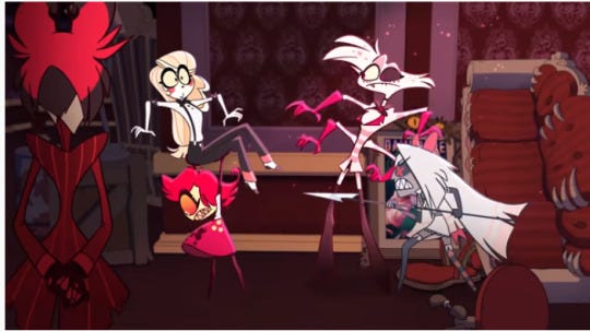 Hazbin Hotel, Alastor standing and watching as Niffty lift Charlie up, surprising Angel Dust and making Vaggie protective.