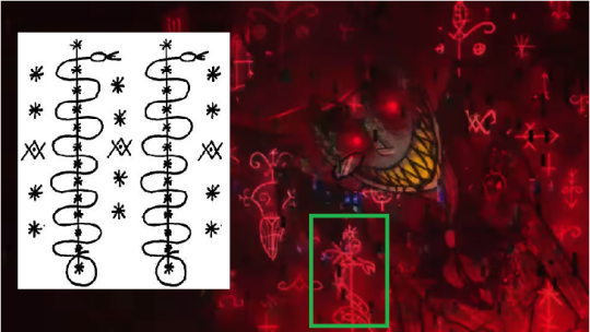 Veve image of Damballa-Wedo from Catherine Beyer compared to a veve in the Hazbin Hotel pilot episode screenshot.