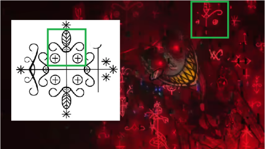 Veve image of Papa Legba from Catherine Beyer compared to a veve in the screenshot of Habzbin Hotel pilot episode.