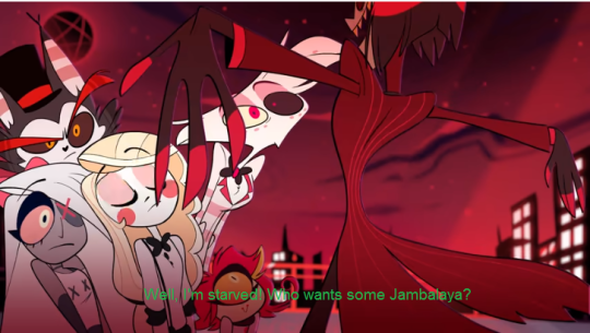 Hazbin Hotel Pilot Screenshot of Alastor asking others, “Who wants some Jambalaya?”