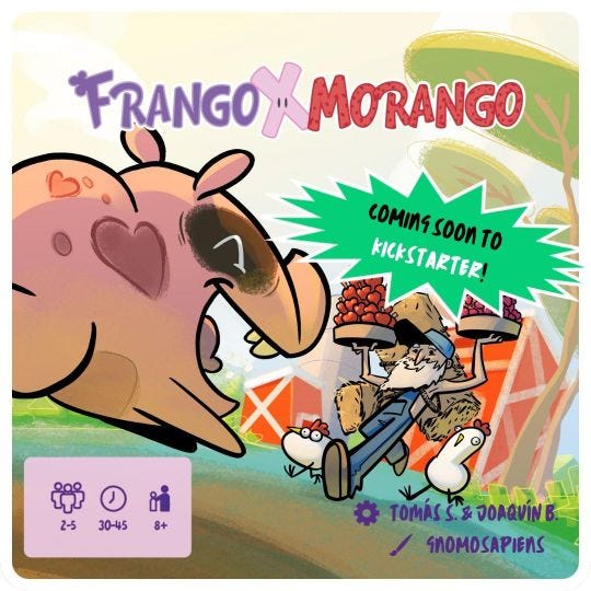 Frango Morango’s Kickstarter announcement post with the game’s box cover image,
