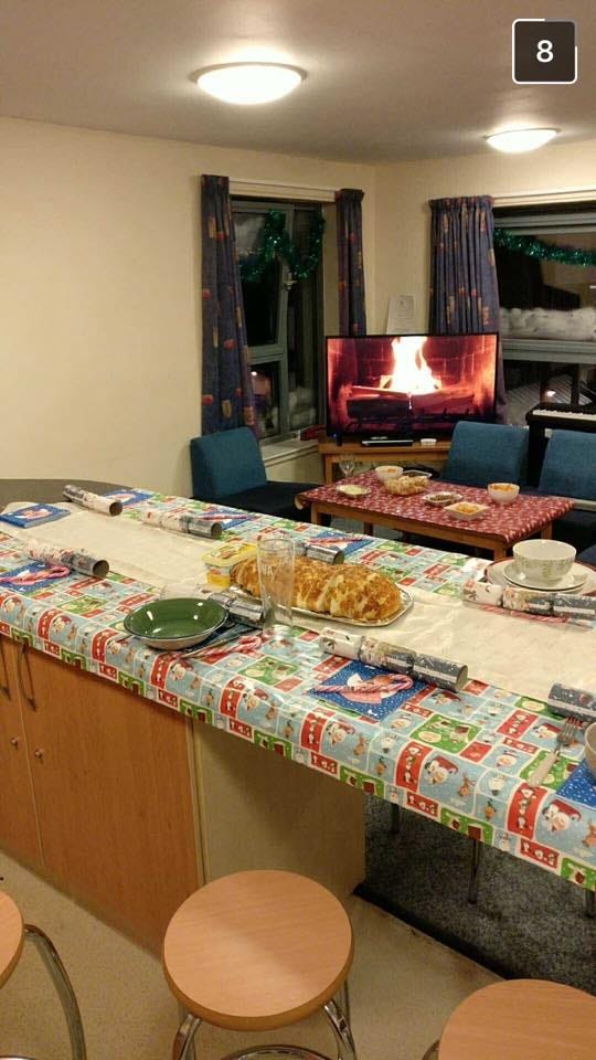 Christmas dinner table setting in a student halls