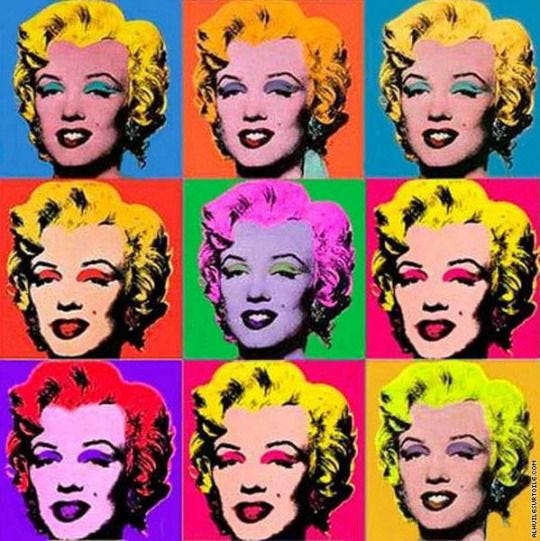 A series of nine head-shot paintings of Marilyn Monroe, in various color, by Andy Warhol.
