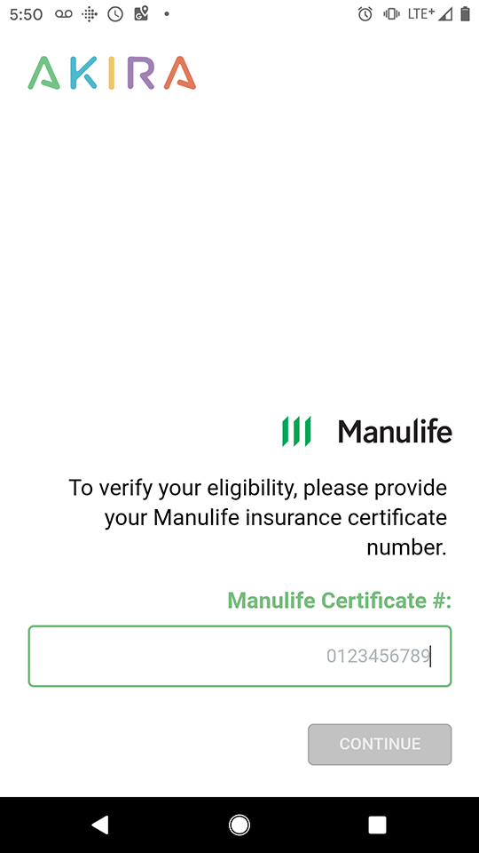 A screenshot of AKIRA’s user registration form for users covered by Manulife Financial.