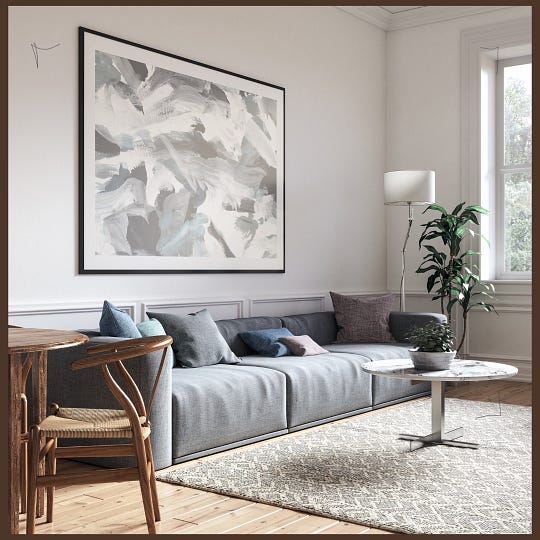 Photo of a clean living room; soft and chair with plants and sunlight coming throught the window.