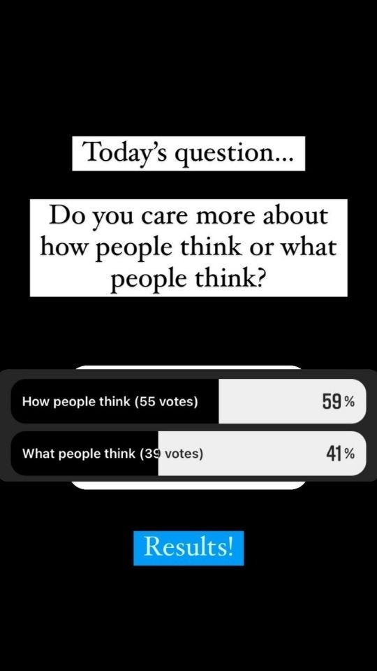 Do you care more about how people think or what people think? How people think: 55 votes, What people think: 39 votes.