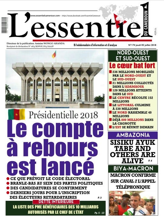 La Une De Lessentiel Du Cameroun Numéro 174 En Kiosque - 