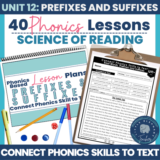 Are your older students struggling to connect Multisyllabic Words with Prefixes and Suffixes to text? These Prefix and Suffix Lesson Plans for your Small Group Phonics Reading Intervention will save you time searching and piecing together the resources you need for Rockstar Phonics Lesson Plans! This lesson plan for phonics encompasses phonics skill work, writing, decoding and blending, word mapping, practicing high-frequency words, and connecting phonics skills to decodable text.